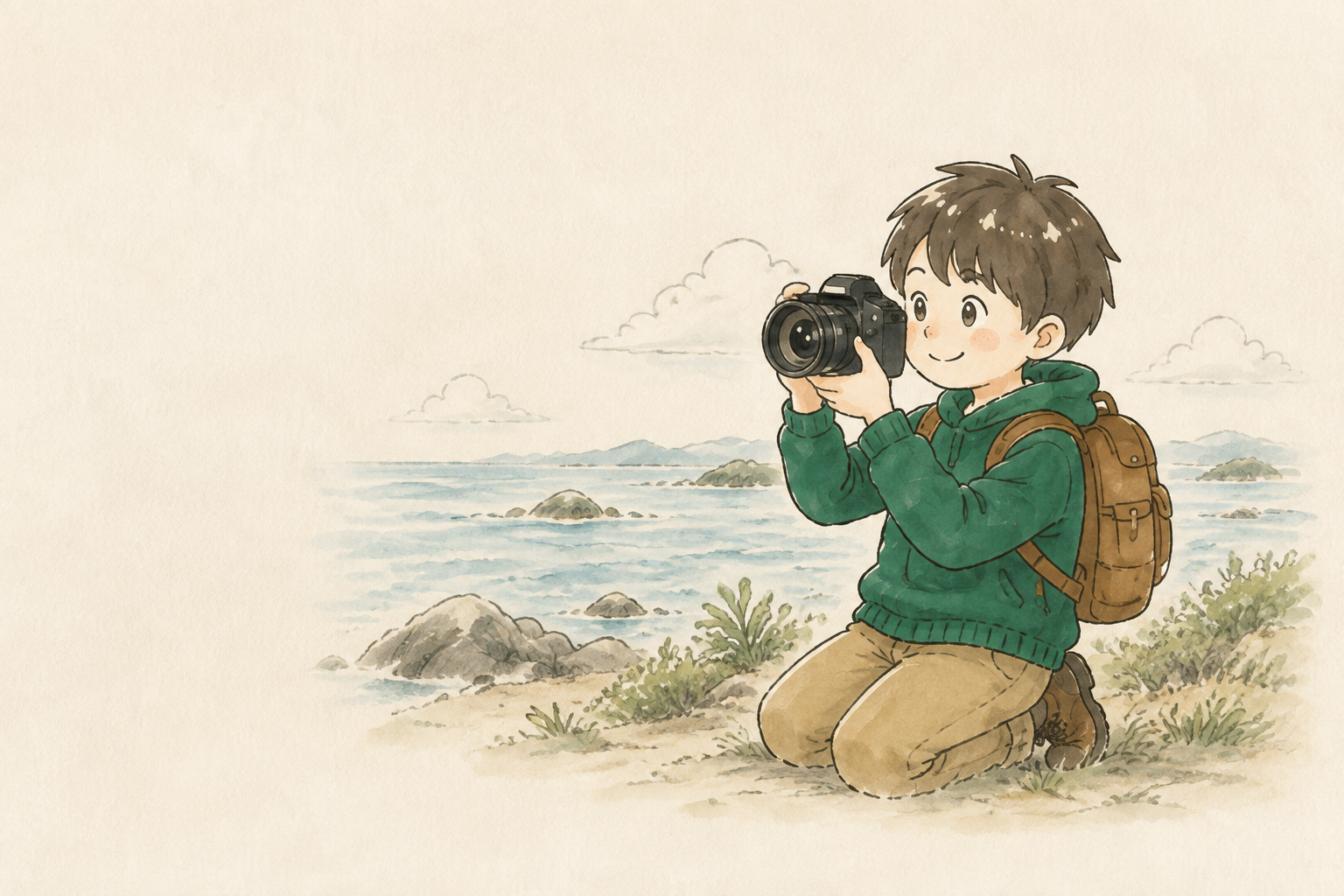 四国の海辺でカメラを構えるにゃんごろす