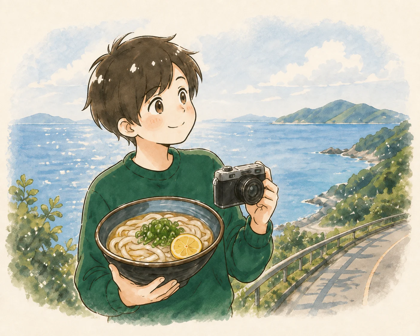 四国の海を背景に、うどんとカメラを持つにゃんごろす